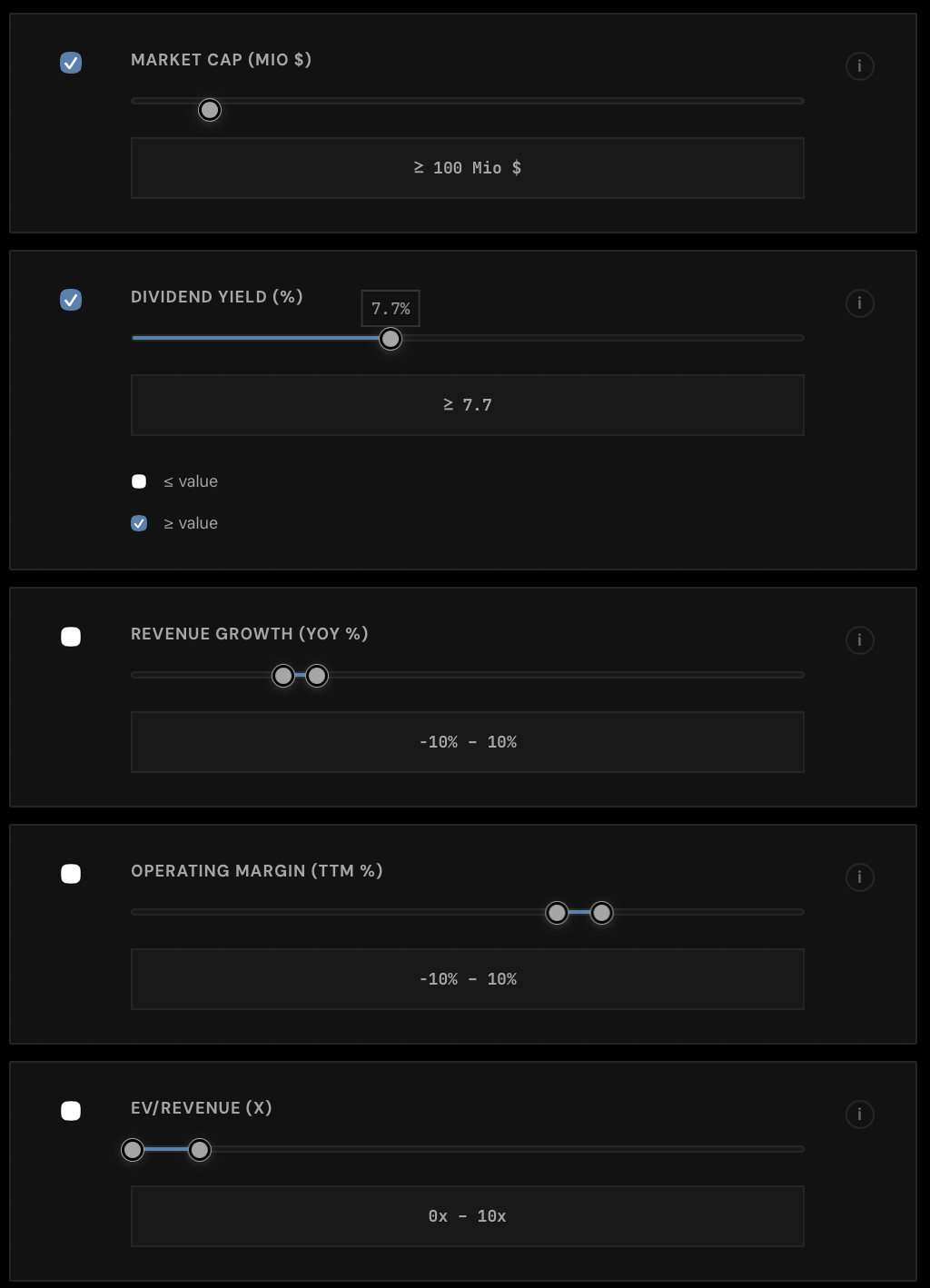 Custom screener interface