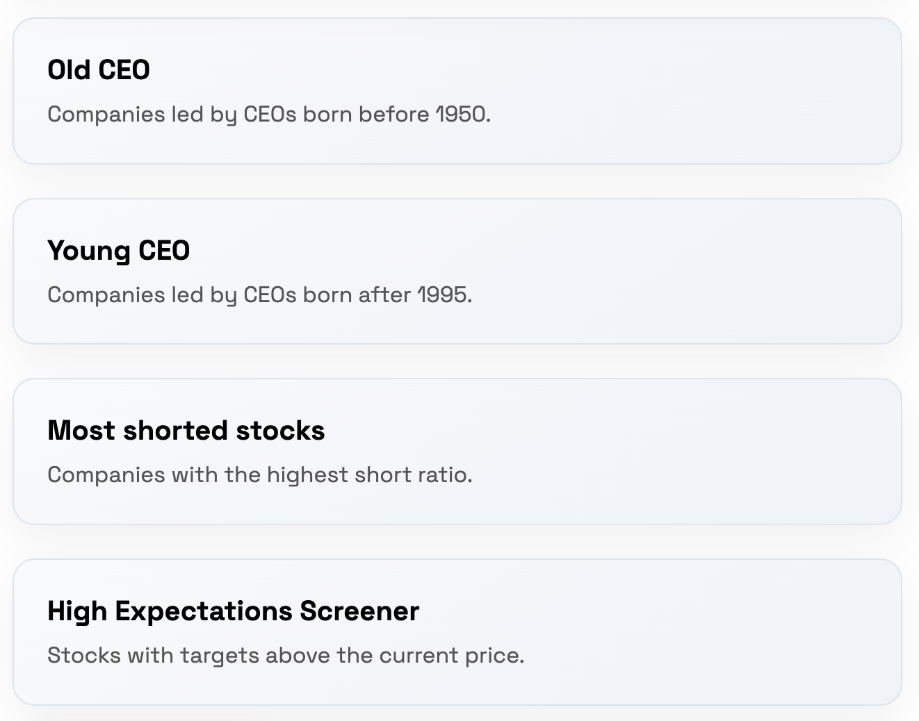 Screener interface showing focused filters